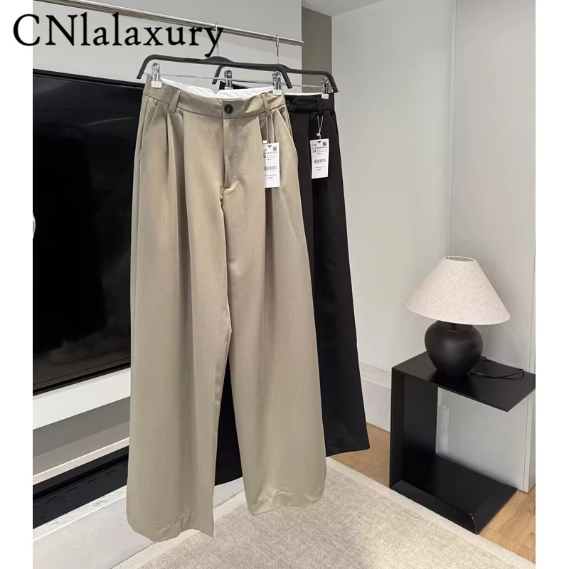 Cnlalaxury-女性用khakiワイドレッグパンツ、ハイウエスト、ストレート、ストリートウェア、ファッション、新作、春、2022