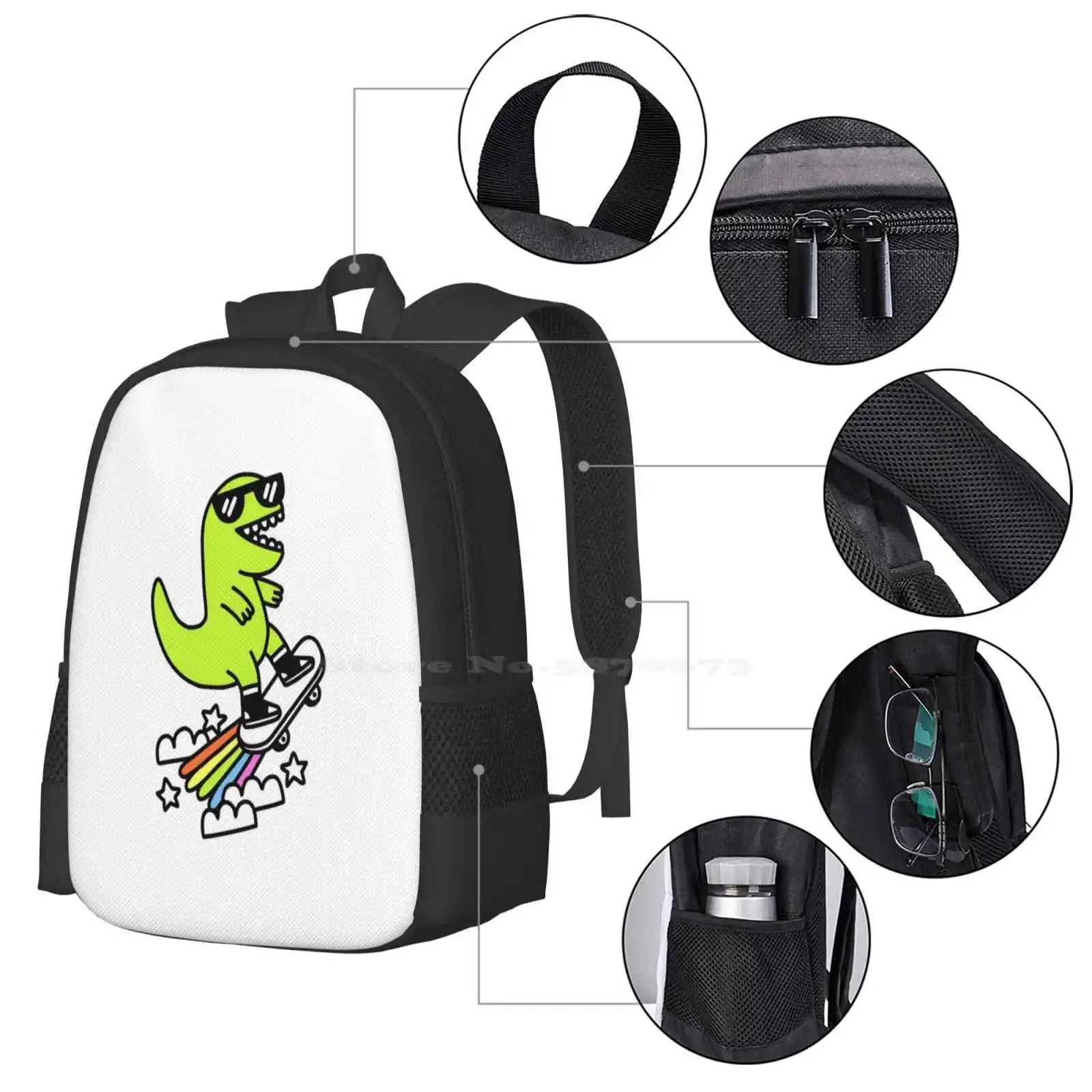 Rad Rex Hot Sale Backpack Fashion Bags T Rex Cool Radical Tyrannosaurus Dinosaurs Rainbows Skateboards Skater Groovy Cloud