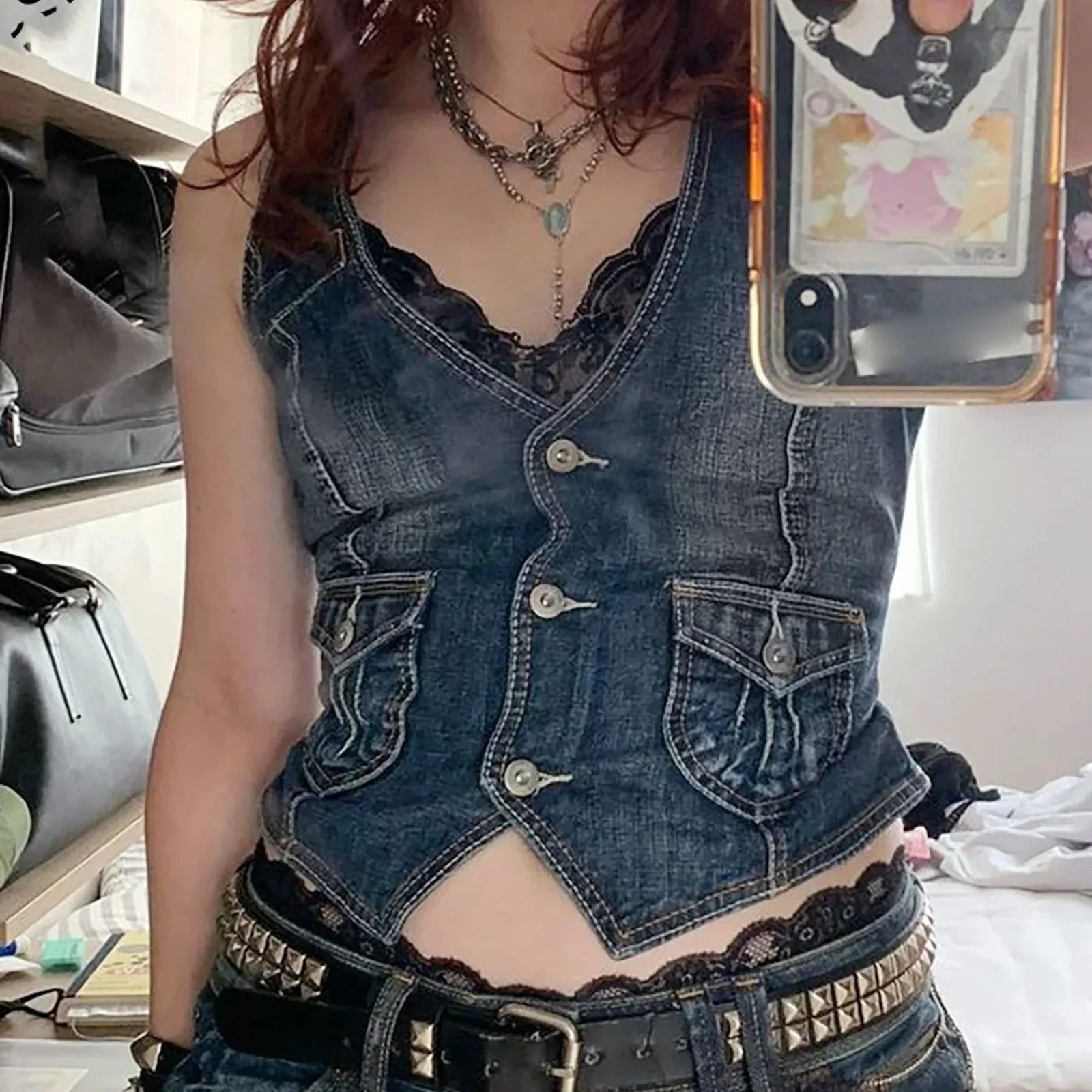 

Y2K Denim Vest Cropped Denim Jaet Corset Top Buttons V Ne Women's Faion Cotton Jaet Autumn 2024 Collection