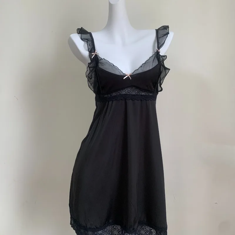 Romantic Nightgown for Women Cute Lace Ruffles Sling Nightdress Black  French V-neck Mini Sleep Dress Lingerie Sexy Sleepwear - AliExpress  200574005