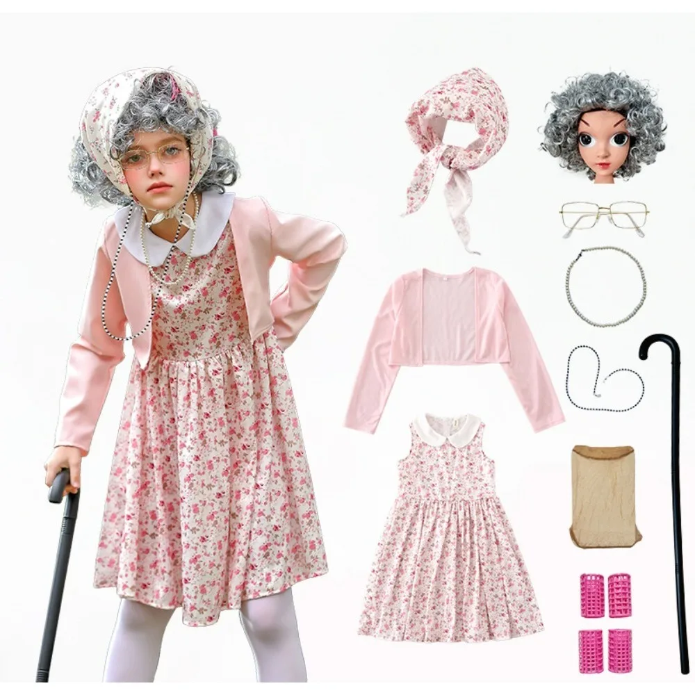

Carnival Essential! Children's Floral Dress Granny Set, Funny Granny Cosplay Costume for the 100th Day of School