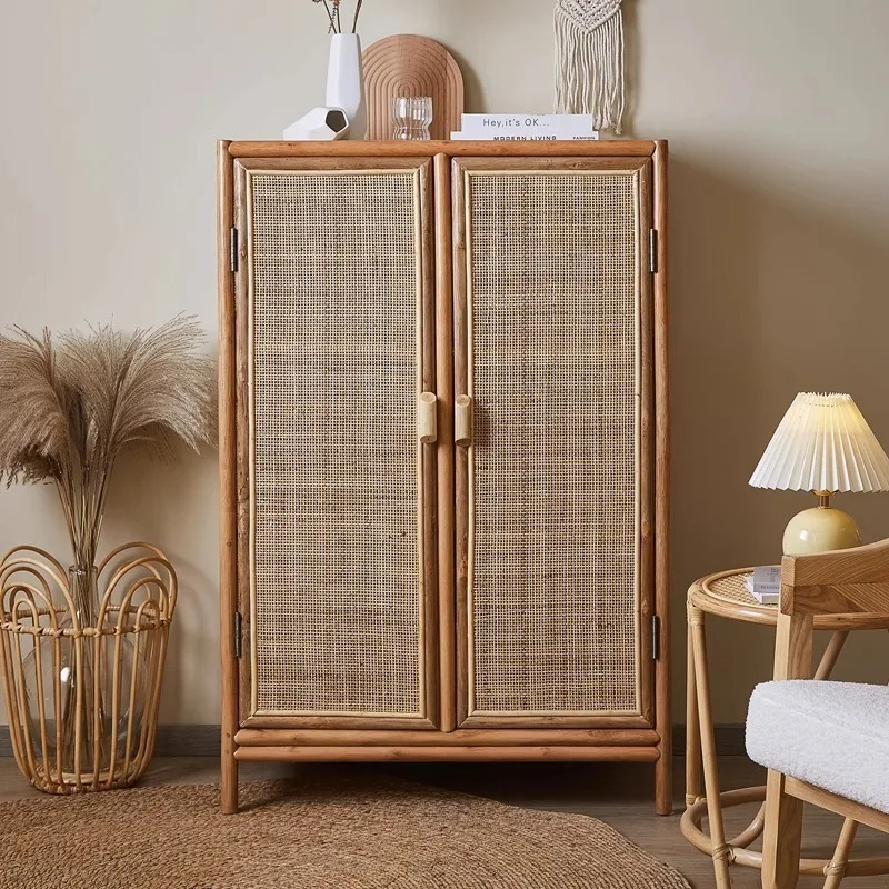

Retro natural rattan household dining side cabinet living room wall utility cabinet