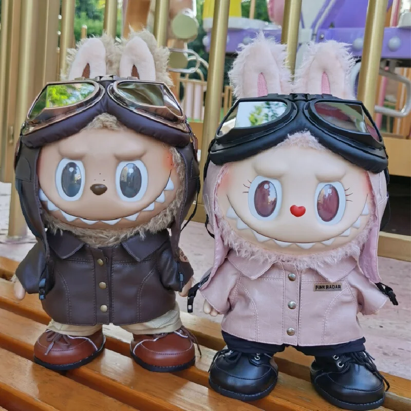 

For 38cm Labubu Big Doll Clothes Mokoko Sweetheart Pink Brown High-End Pilot Style Black Leather Can Be Worn In Summer