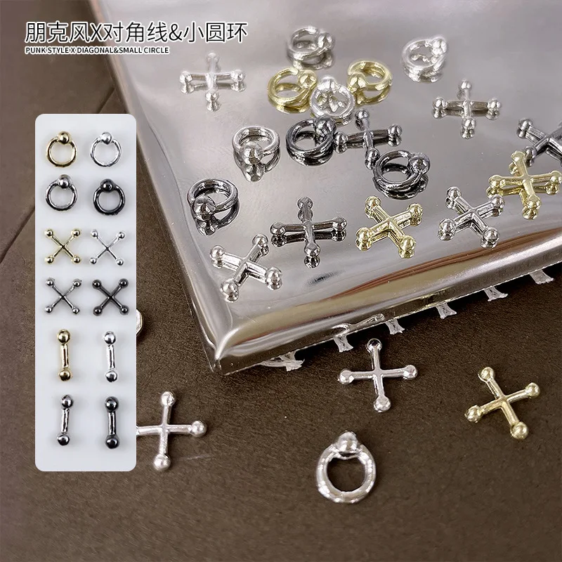 40PCS Retro Punk Style Hollow Hanging Rings X Cross Bone Rod Alloy Nail Art Rhinestones Decorations Manicure Charms Accessories