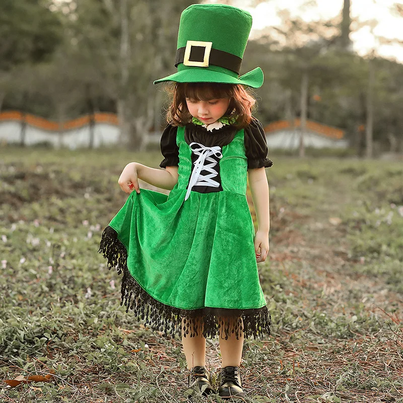 Leprechaun Elf Cosplay Costume Girls Irish Halloween Purim Carnival Party Children's Day Stage Performance Leprechaun Dwarf Dres