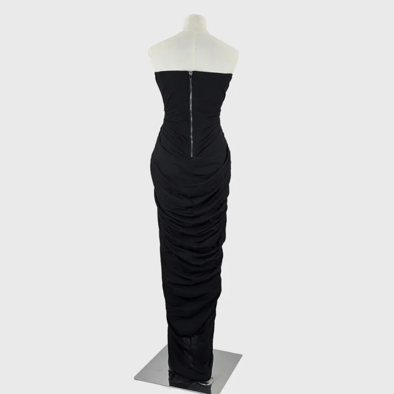 HKSH 夏新しい女性ダークハイストリートシックなファッションエレガントなドレーププリーツロングドレスストラップレスバックレスガウンドレス HK5851