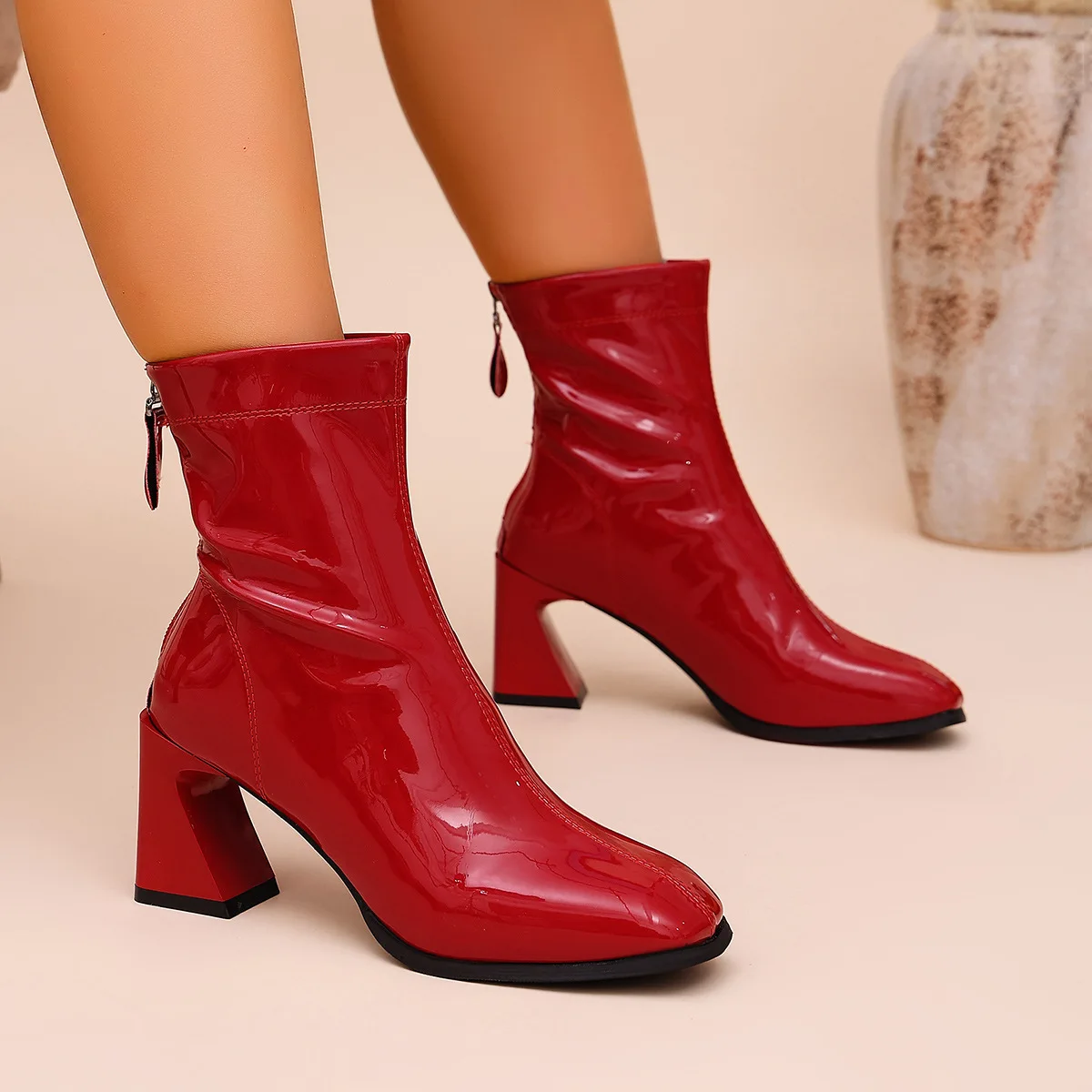 2026 Autumn Winter New Square Toe High-heeled Ankle Boots Women,thick Heel Shiny Surface. Large Size Short Tube Women's Shoes
