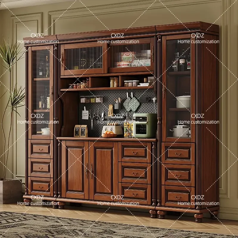 American Retro Solid Wood Dining Side Cabinet with Pegboard and Rails Wall Mounted Storage Locker Living Room Wine Cabinet