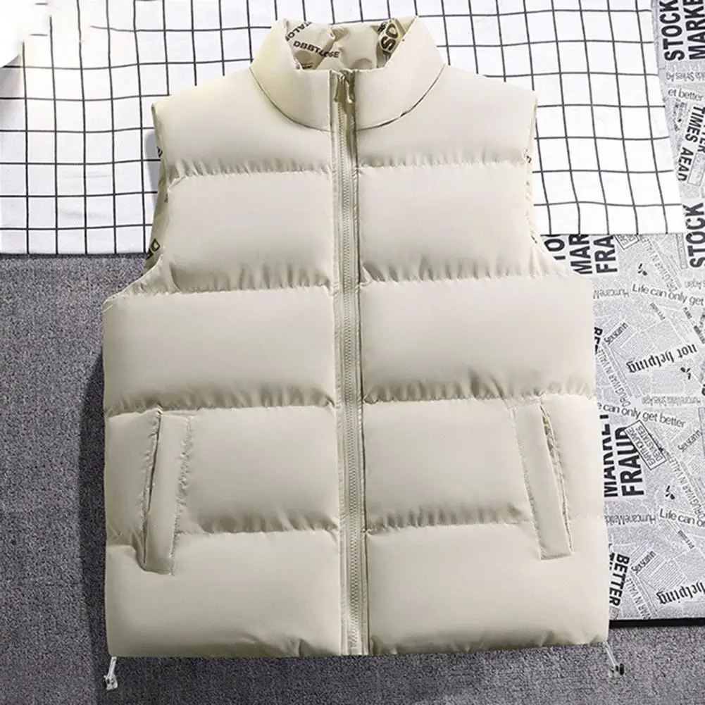 

Men Vest Coat Zipper Closure Stand Collar Sleeveless Reversible Waist coat Pockets Solid Color Drawstring Hem Puffer Vest