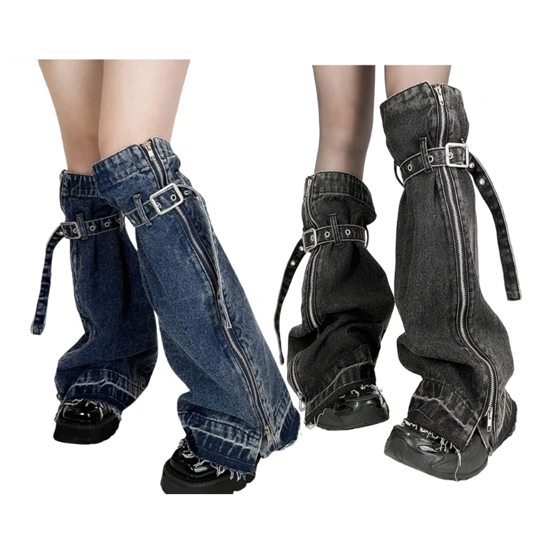 Women Washed Jeans Leg Warmer with Buckled Straps Punk Denims Flared Boot Cover Side Zippers Baggy Long Socks Streetwear