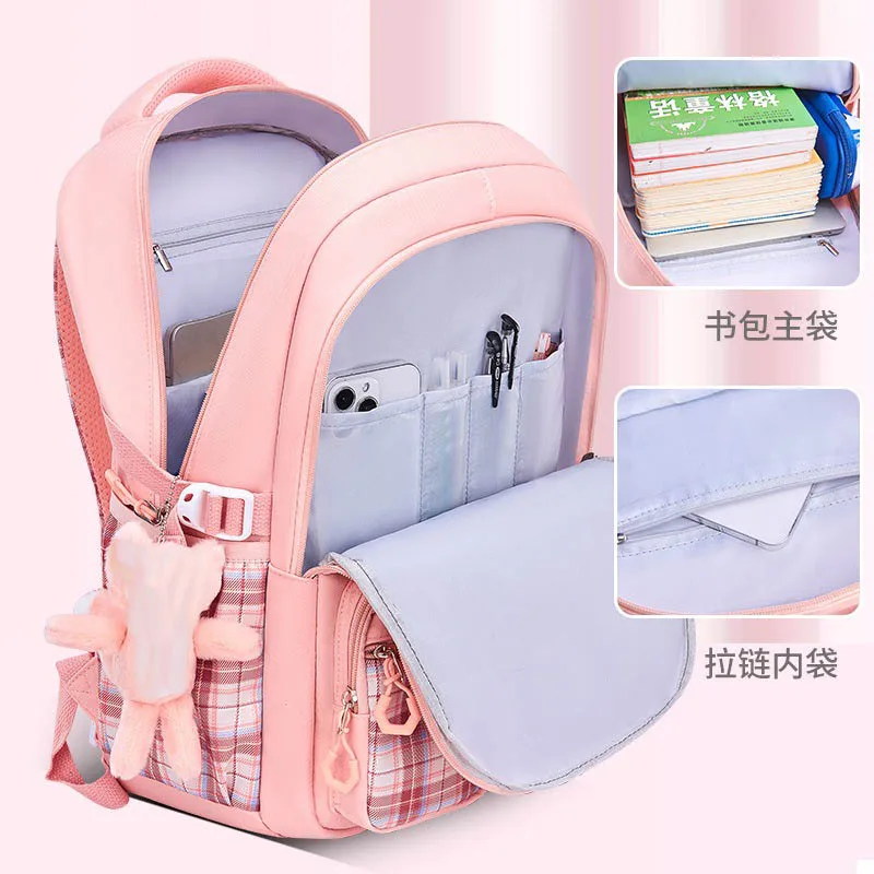 Proteggi la ergonomia della colonna vertebrale Studenti delle scuole elementari Zaino a quadretti per ragazze Grande capacità Leggero impermeabile
