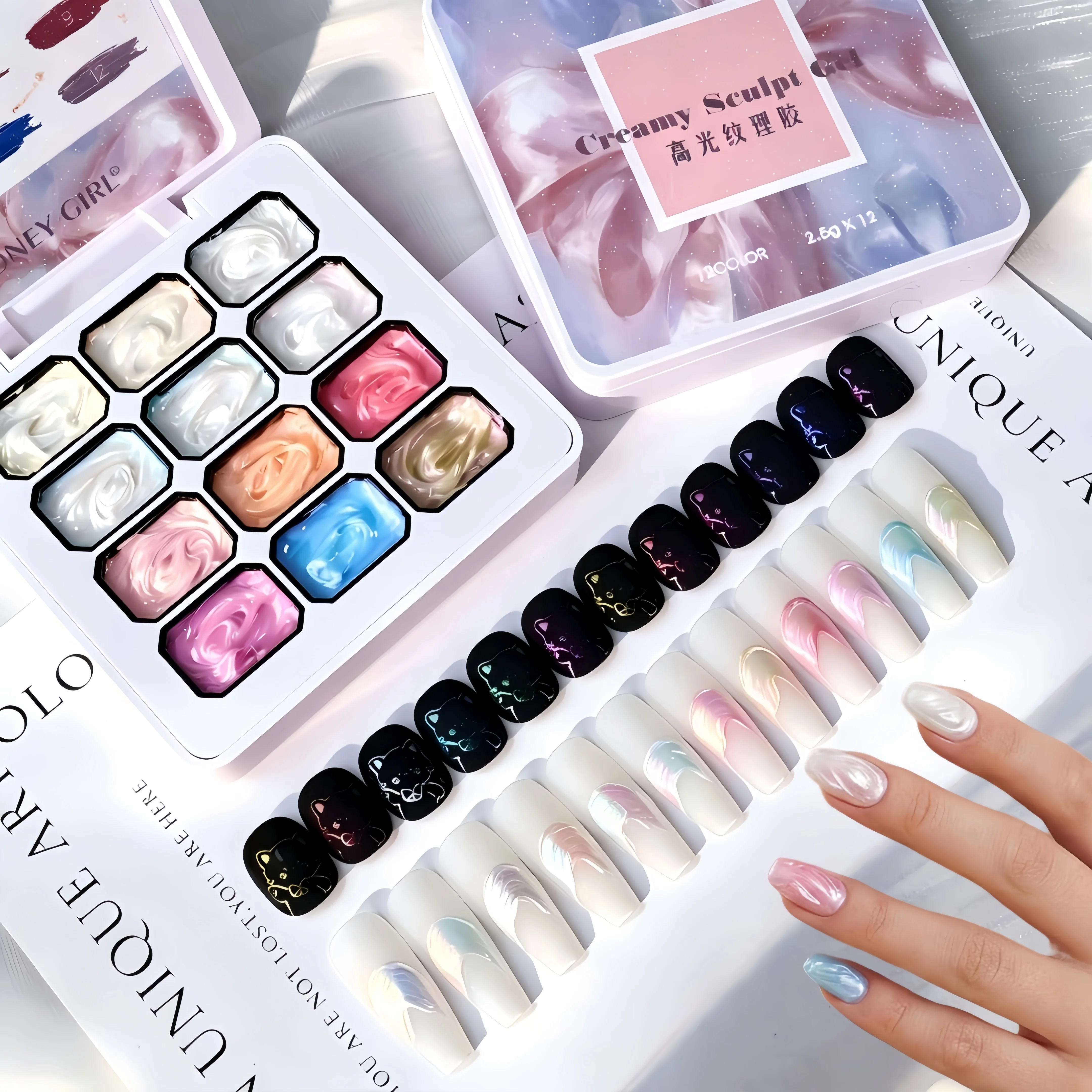 12-Grid Dreamy Texture Gel Nails 3D Pearl Acetate Versatile Texture Shaping Gel, Fashionable LED Nail Art Kit, Perfect Gift