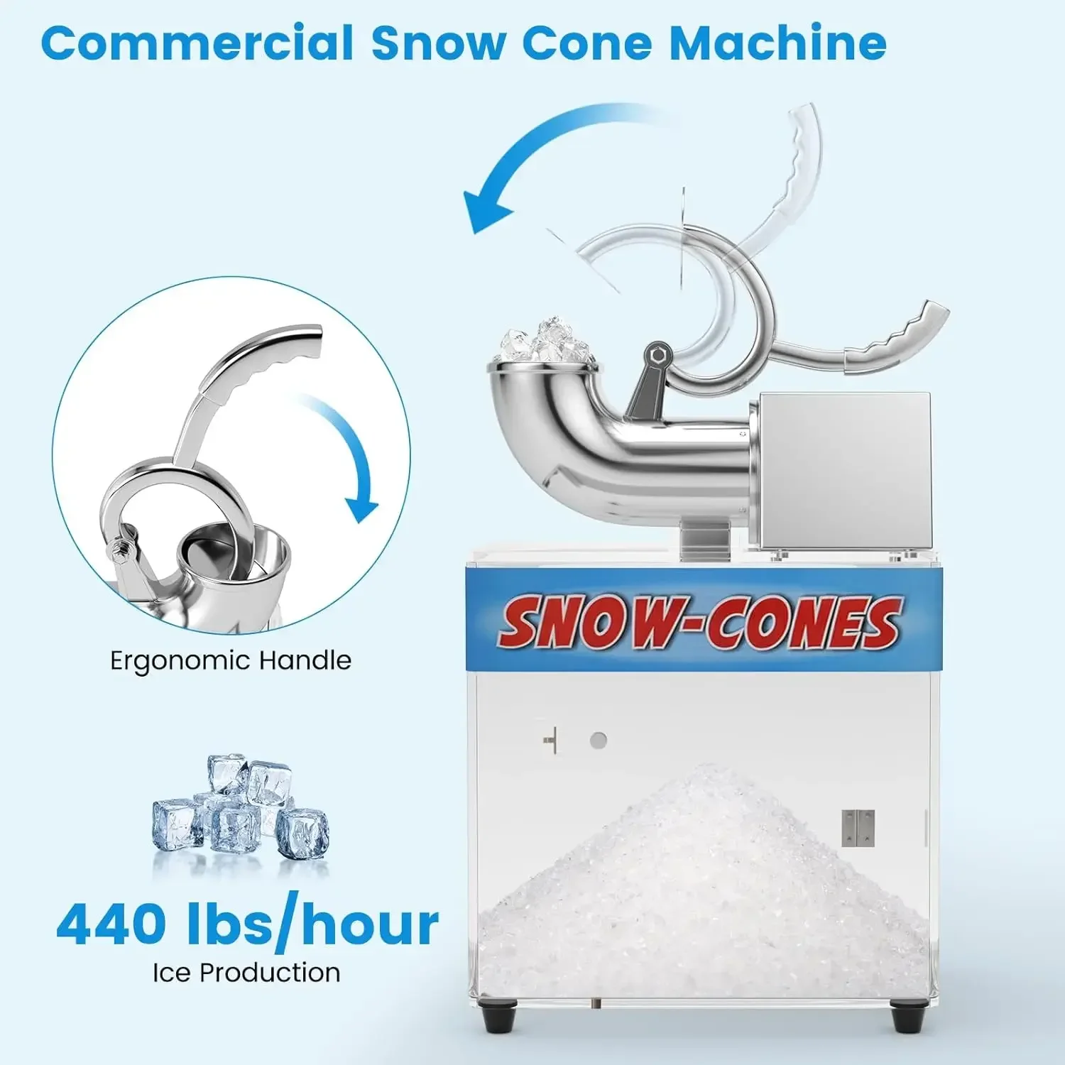 Máquina de hielo raspado comercial COSTWAY, trituradora de hielo de acero inoxidable de 440 libras/H con interruptor de encendido/apagado de seguridad