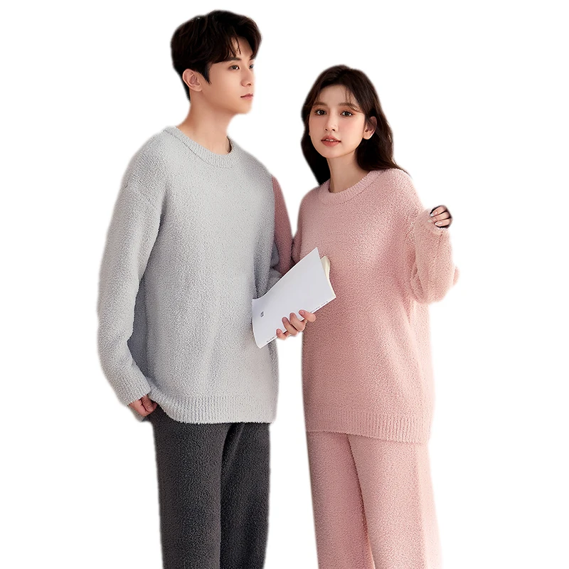 

High Qulaity Couple Pajamas Set Flannel Sleepwear Women Men Warm Fleece Pijama Winter Lovers Solid Kimono Home Clothing