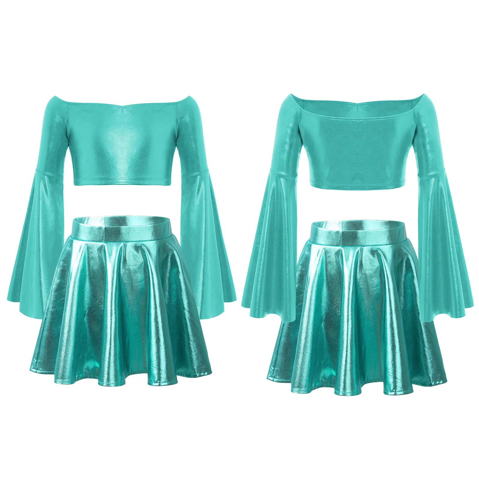 키즈 걸스 메탈릭 러플 재즈 세트 긴 플레어 슬리브 오프 숄더 크롭 탑과 생일 파티 공연을 위한 반짝이는 스커트