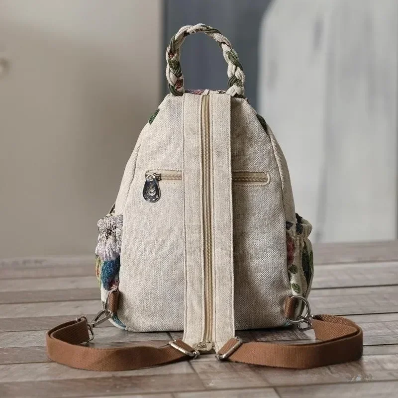 Nuovo zaino in stile etnico intrecciato a mano a doppia spalla Multi scomparto borsa pettorale multifunzionale per pendolarismo in tela leggera