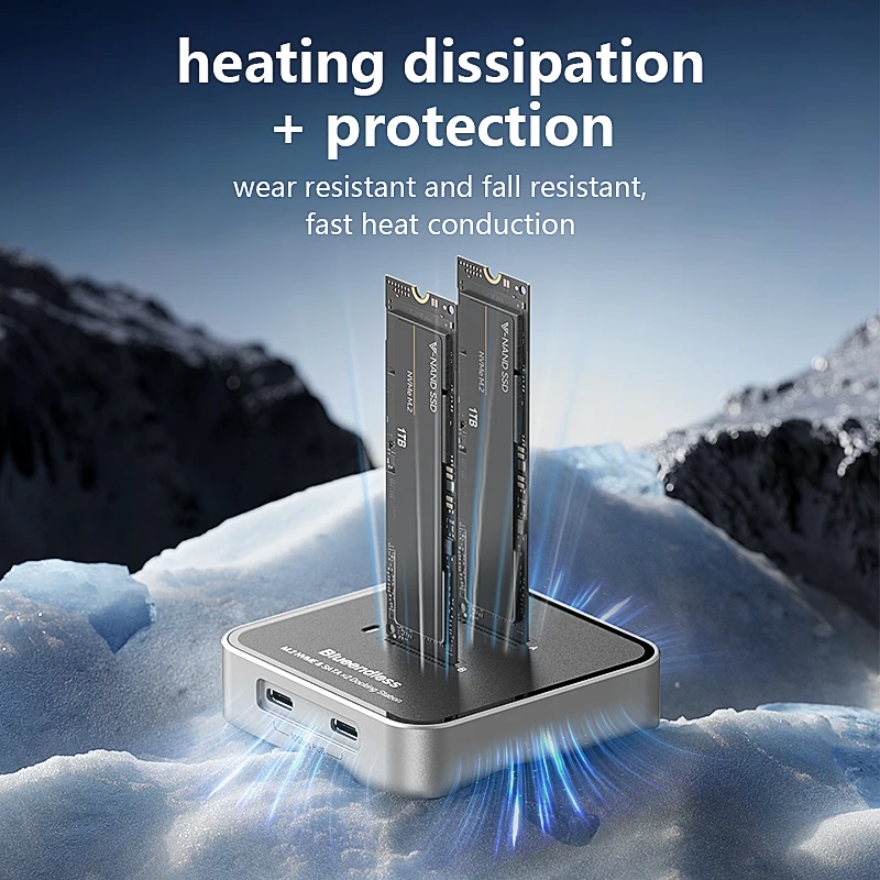 Blueendless Duay-Bay M.2 NVMe / SATA protocol SSD Docking Station with Hub SSD Reader Type C USB3.1 10Gbps external SSD case