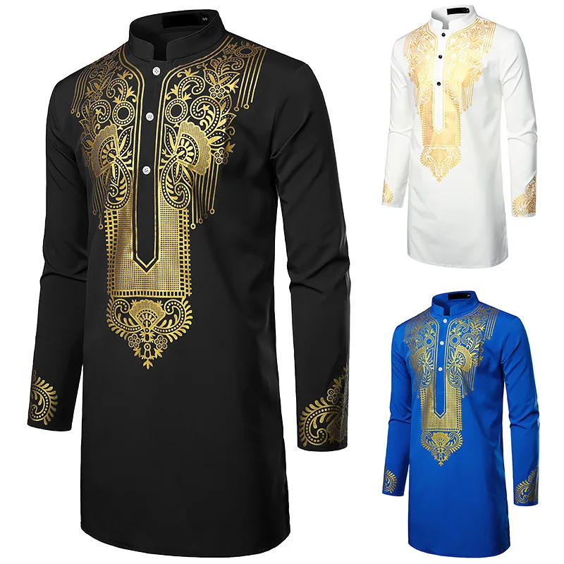 Luxury Longline White Shirts for Muslim Men Prayers Clothes African Style Gold Bronzing Printed Dress Men Costumes Arabic Shirt