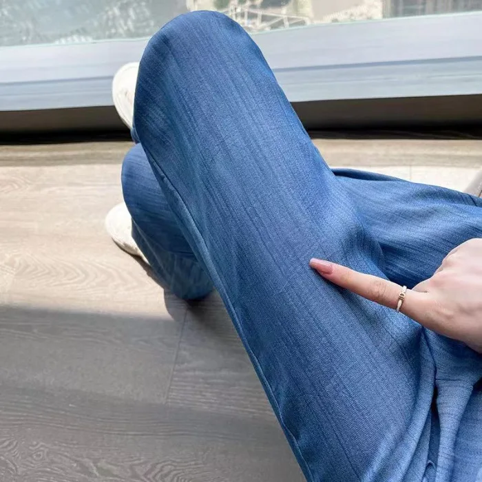 Summer Ice Silk Thin Straight Jeans Women Elastic Waist Wide Leg Pants Breathable Casual