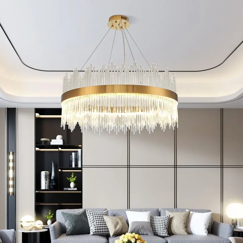 2024 Modern Round Crystal Chandelier for Dining Room Rectangle Design Kitchen Island Lighting Fixtures Chrome LED Cristal Lustre