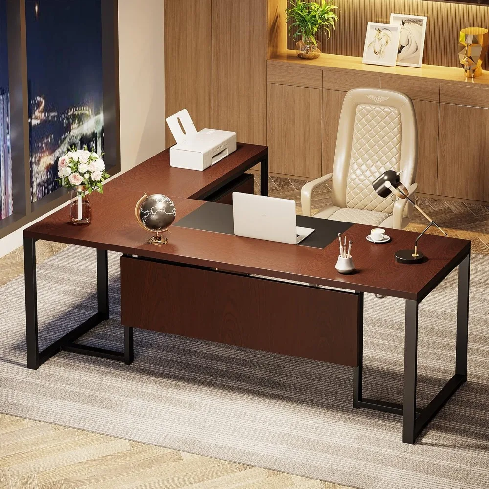 L-Shaped Executive Desk with Drawer Cabinet, Large Executive Office Desk with Separate File Cabinet, Office Desks