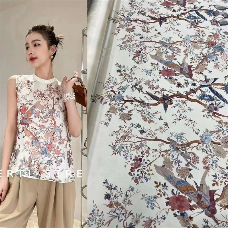 

70cm Positioning Bird Pattern Printed Twill Mulberry Silk Fabric Fashion Brand High End DIY Shirt Vest Satin Fabric By The Yard