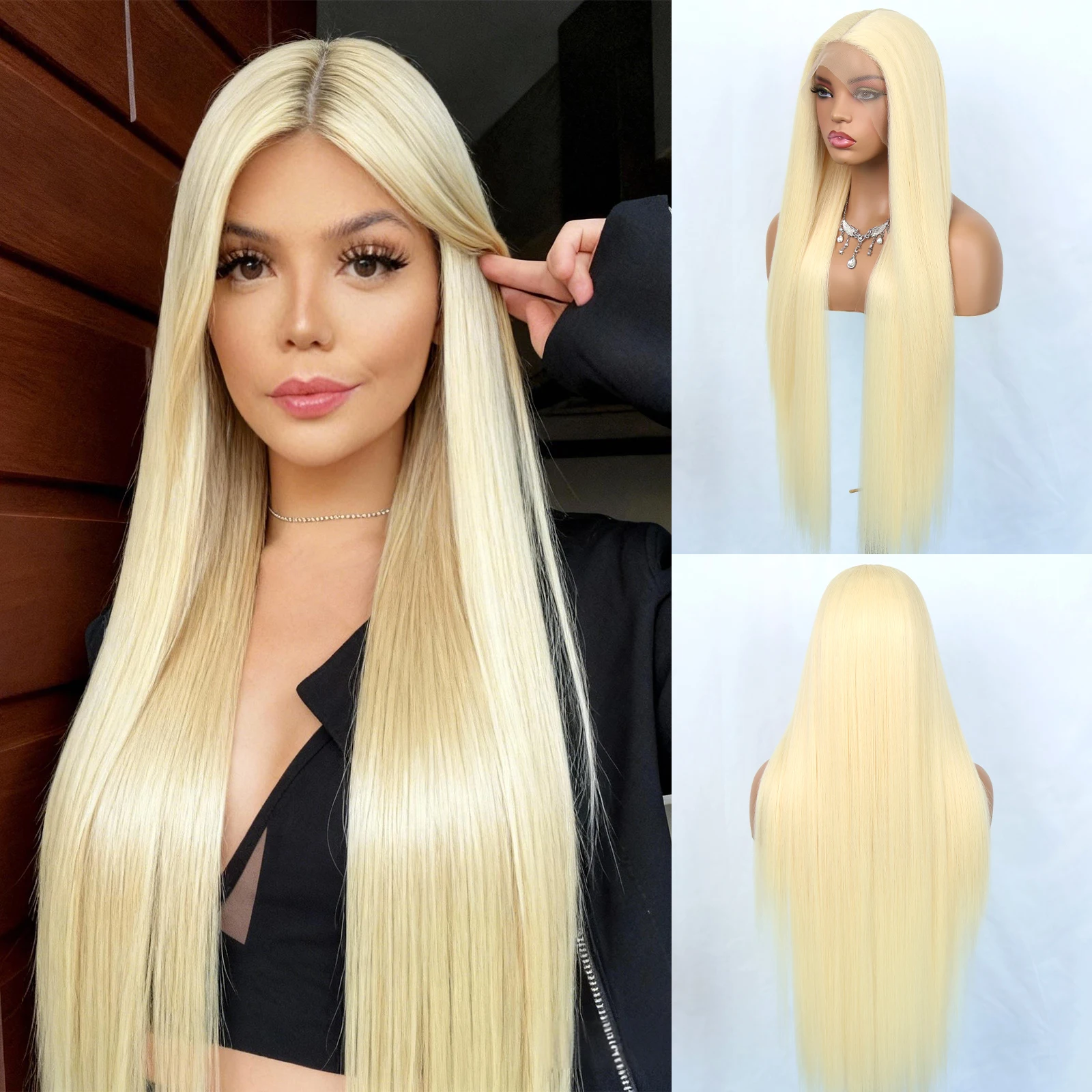 

Синтетический парик Aubree с кружевной передней частью для женщин, для повседневного использования, 32 дюйма, длинный, прямой, 13*4*1 T-образное кружево, без клея, плотность 180%, термостойкий