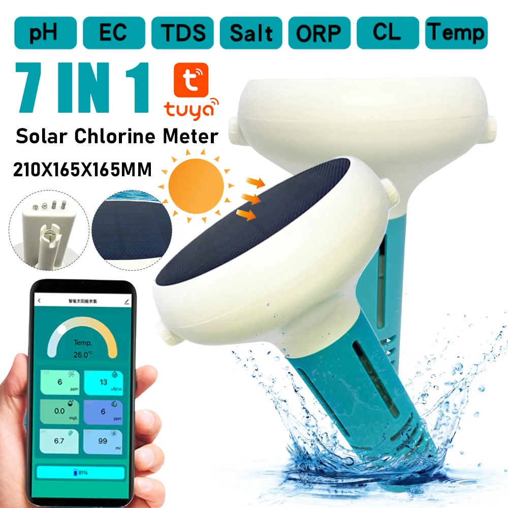 1 peça 7 em 1 testador de qualidade da água da piscina movido a energia solar medidor de cloro inteligente ph/orp/ec/tds/sal/temperatura/cl testador controle de aplicativo sem fio