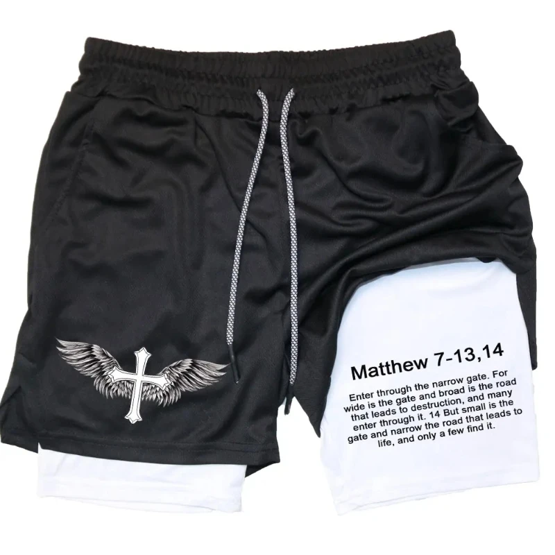 2024Men Performance Shorts Bible Printed GYM Casual Sports Compression Shorts Workout Running Mesh 2 In 1 Sport Short Pants