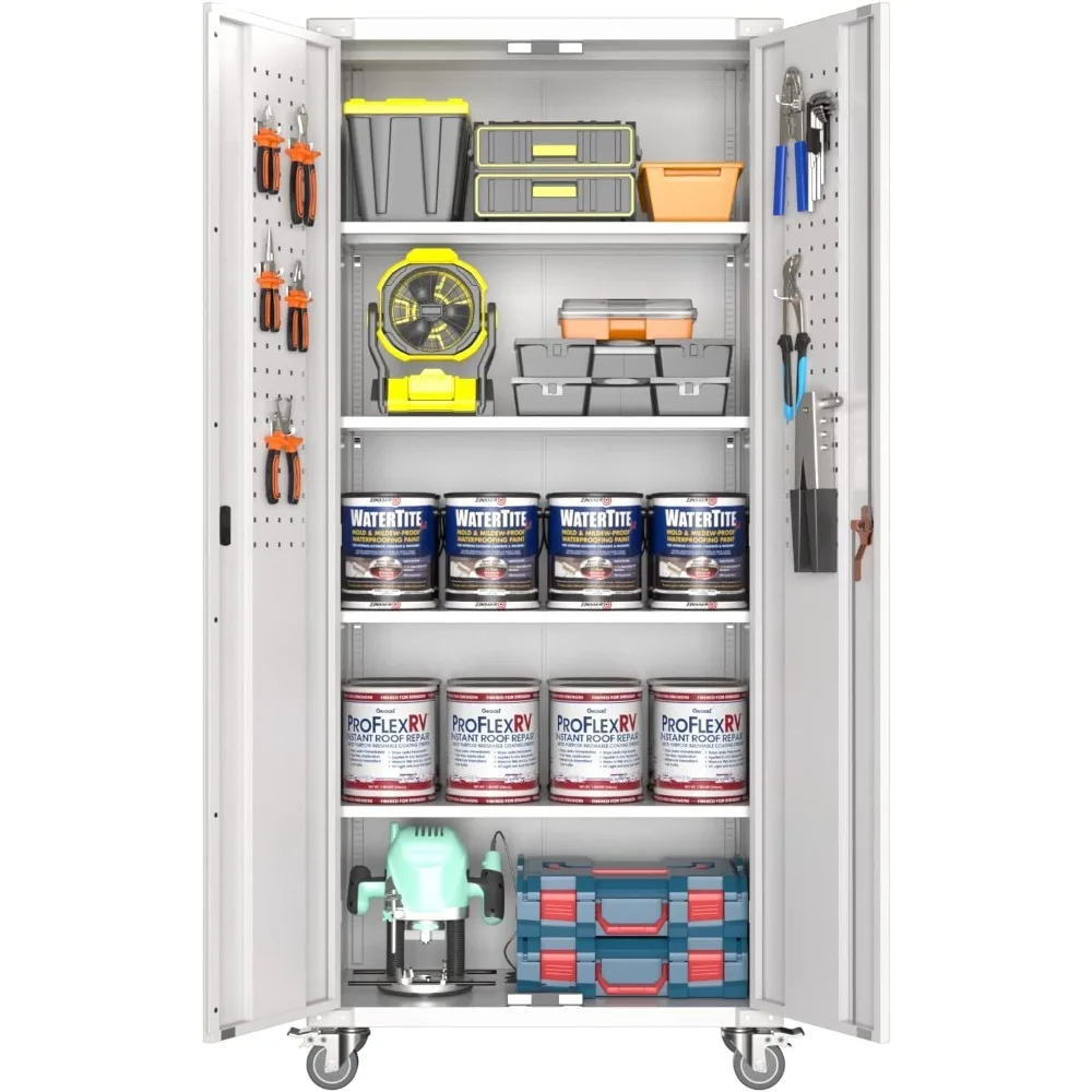 Upgraded Metal Garage Storage Cabinet with Wheel,Steel Tool Cabinet with 2 Doors and 4 Adjustable Shelves for Garage Home Office