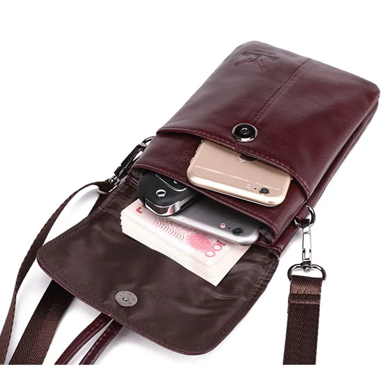 Bolso de hombro de cuero genuino para mujer, bandolera para teléfono móvil, funda informal de piel Natural, bolsillo, monedero cruzado