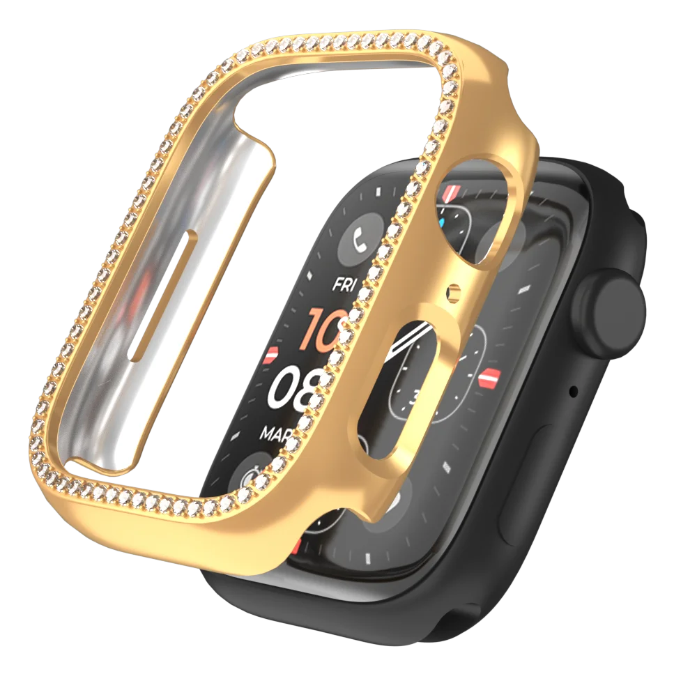 Casing jam tangan Apple, penutup berlian berkilau + casing jam tangan Apple, Bumper berlian 45mm 41mm 40mm 44mm 42mm 38mm + pelindung berongga Iwatch Seri 7 8 5 6 SE