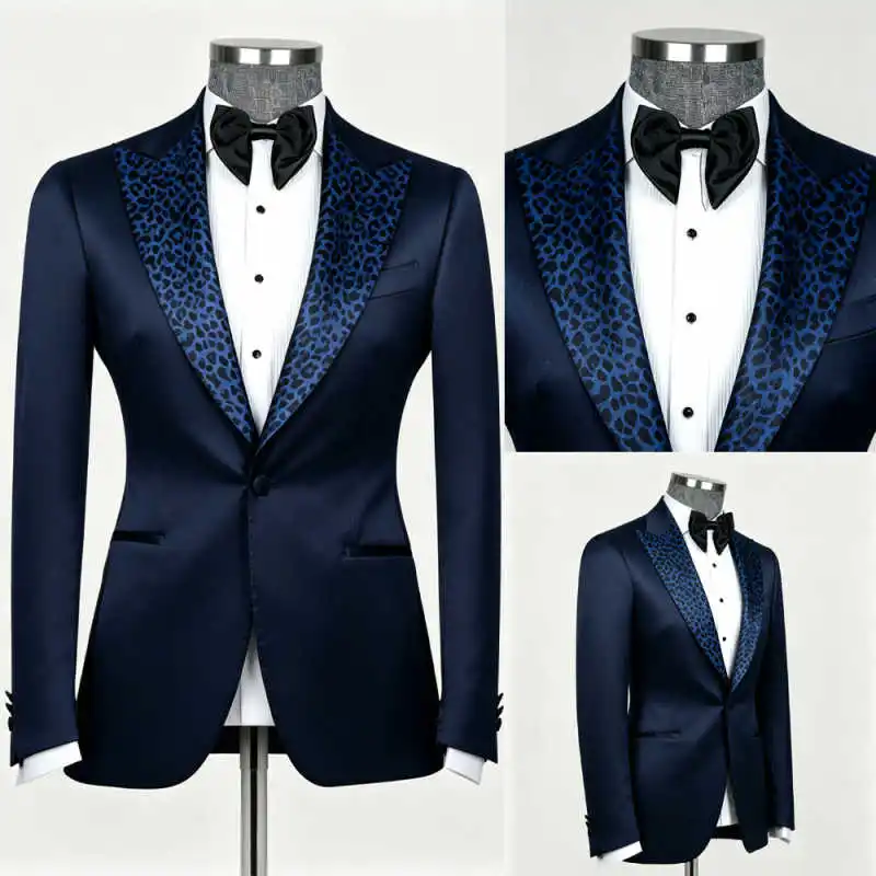Sophisticated Navy Blue & Leopard Print Lapel Men's 2-Piece Blazer Set Formal Tuxedo Suit for Luxury Gala Events Customized