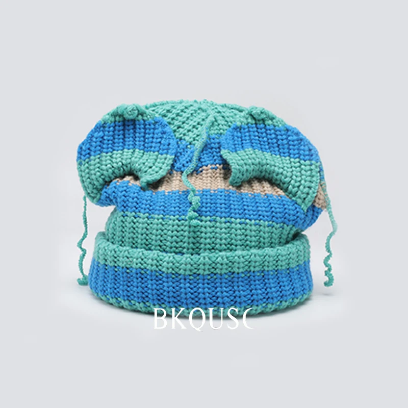 BKQUSC Knitted Cute Cat Ear Beanies for Women Winter Warm Thick Striped Knitting Bonnet Cap Female Big Head Skullies Beanies Hat