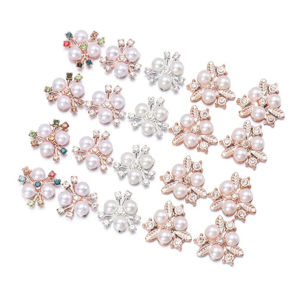 10Pcs Flower-shaped Pearl Rhinestone Buttons Sparkling Crystal Hairpins Headwear Clip DIY Craft Hat Accessories Apparel Sewing