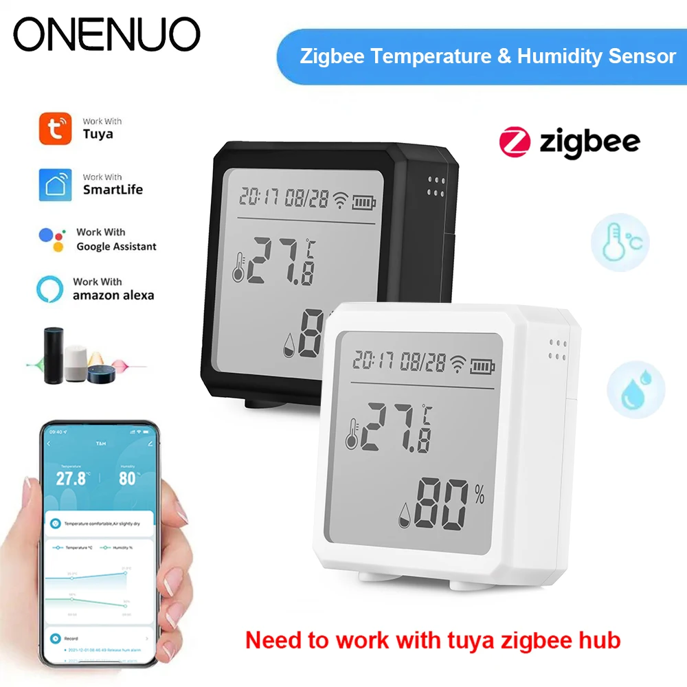 ONENUO Tuya Zigbee Temperature and Humidity Sensor with LCD Screen Digital Display Wireless Thermometer Work with Alexa Google