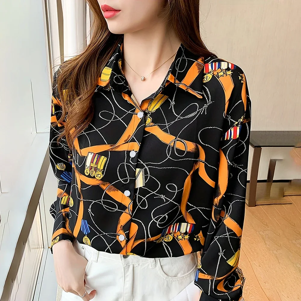 

Stylish Shirt For Women Elegant Evening Dress 3D Full Print Long Sleeve Shirt For Women Large Size Lapel Button Down Shirt