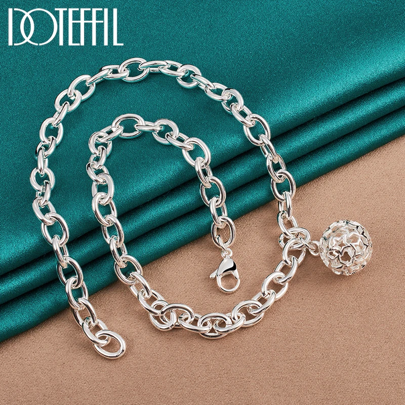 DOTEFFIL 2pcs 925 Sterling Silver Hollow Ball Necklace Bracelet Set For Women Man Wedding Engagement Party Fashion Charm Jewelry