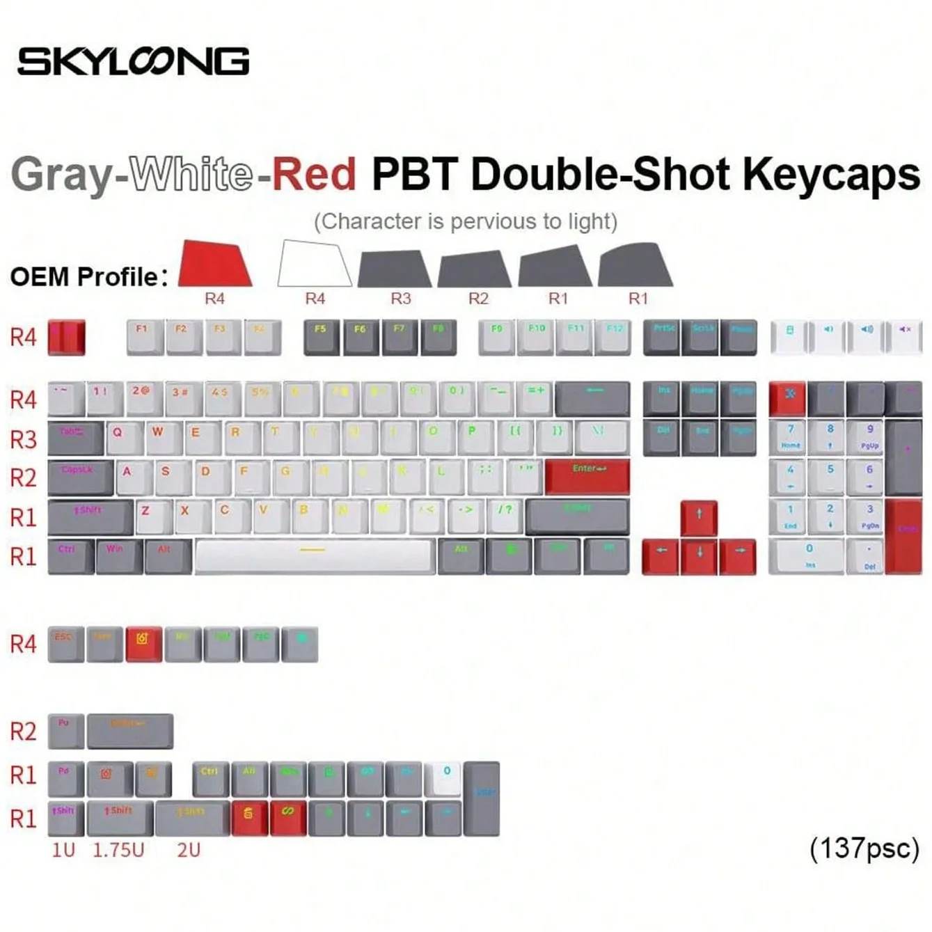 

SKYLOONG PBT Keycaps Gray/White/Red Double Shot OEM Profile Character Transmittance Keyboard Accessories