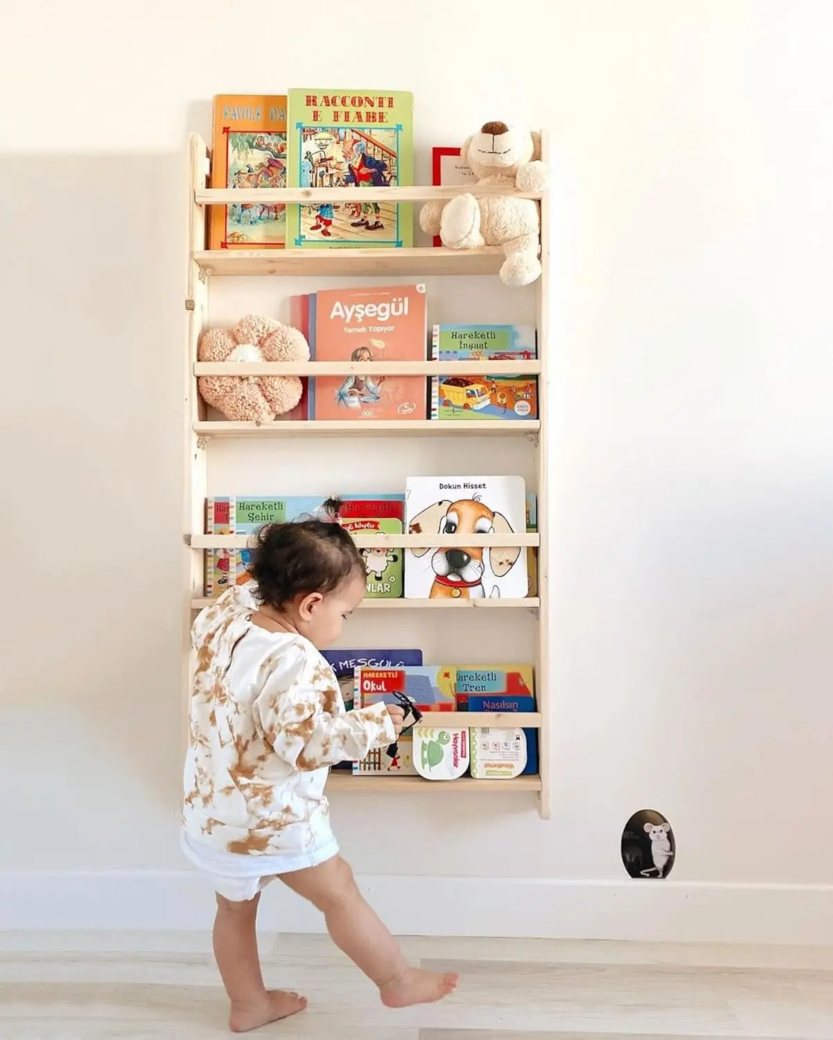 Scaffale per bambini Montessori a parete, espositore per libri a 4 livelli per camera da letto dei bambini, libreria per mobili per la scuola materna, legno massello di pino Tr