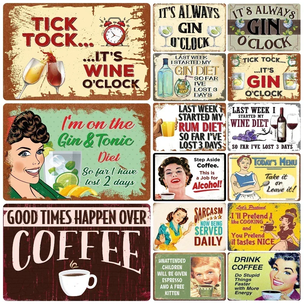 Vintage Gin Bar Metal Plaque Kitchen Girls Tin Sign Retro Drink Coffee Lady Beer Printing Elf Bar Room Home Decor 8x12 inch