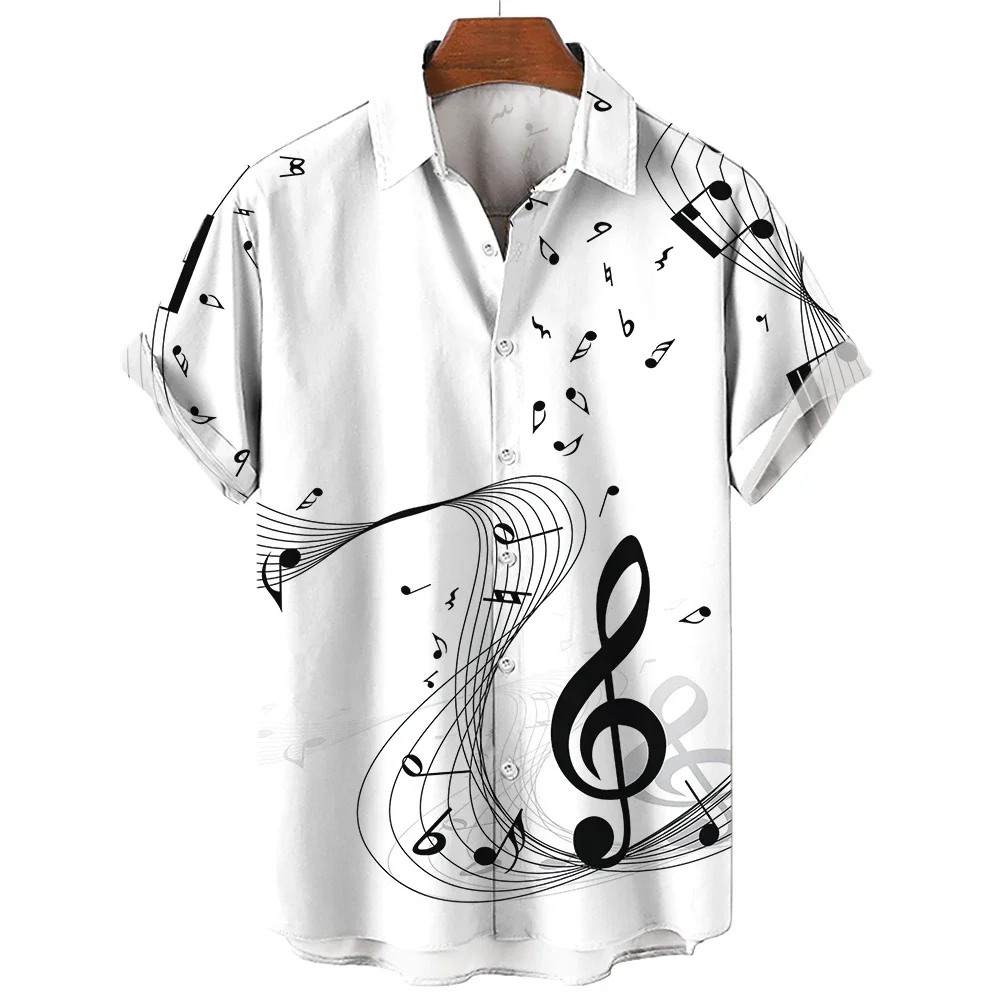 New Men\'s Shirt 2024 Summer Fashion Hawaiian Shirt Short Sleeve Lapel Top Music Symbol Pattern Print Shirt Oversized Man Clothes