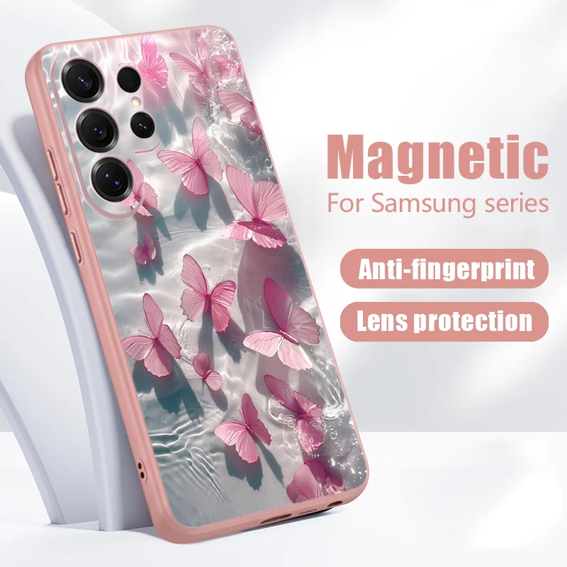 Pink Butterfly Print Magnetic Case For Samsung Galaxy S26 S25 Ultra S25 S24 S23 FE A57 A56 A37 A17 A55 A36 A35 5G Phone Cover