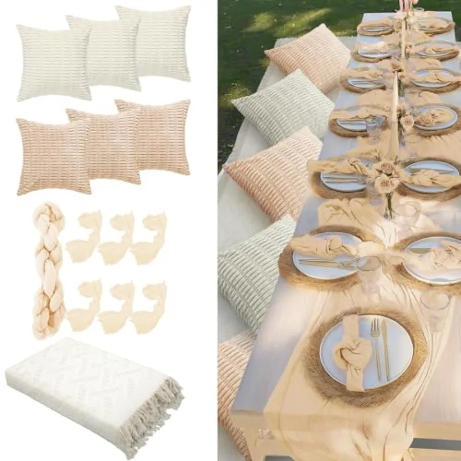 

91 x 71 Extra Large Outdoor Boho Picnic Blanket with Table Runner 6 Throw Pillow Covers 6 Napkins Woven Cotton Yarn Oversize Be