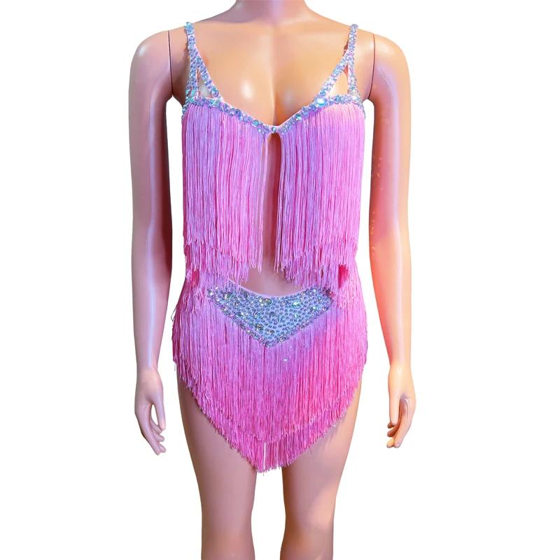 New Sexy Cutout Pole Dance Clothing Full Fringed Rhinestones Pink Bodysuit Women Gogo Dancer Costumes Stage Festival Outfits ﻿