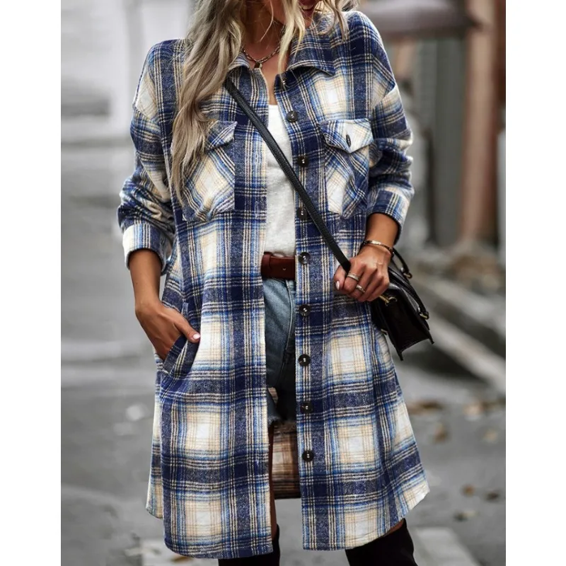 New Women's Fashionable Autumn/Winter Long Sleeved Long Shirt Blouse Ladies Casual Lapel Plaid Long Shirt Tops