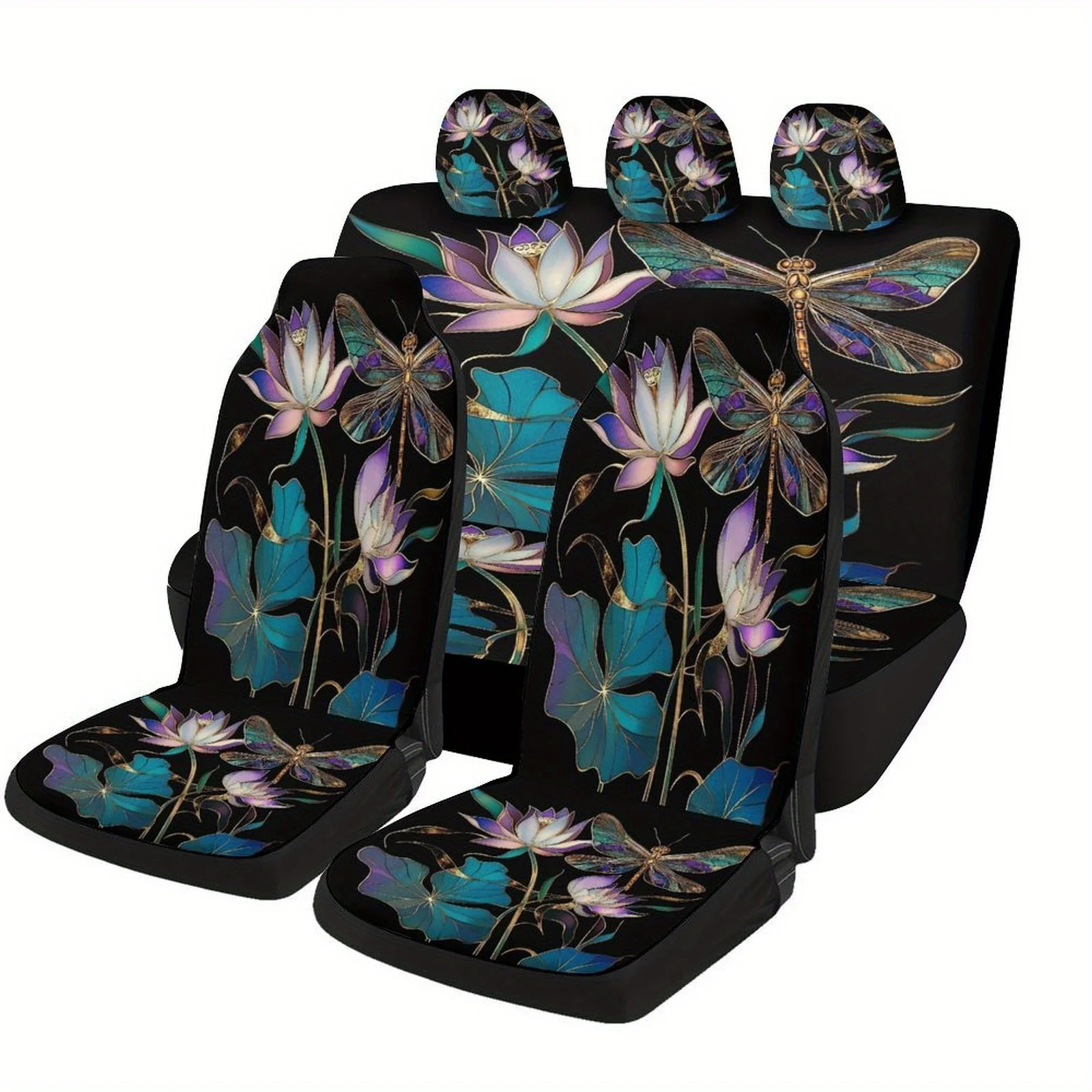 Dragonfly And For Lotus Themed Car Seat Cover Set For Most Cars, Fashion Novelty Car Seat Protector Covers Full Set, Car Seat C