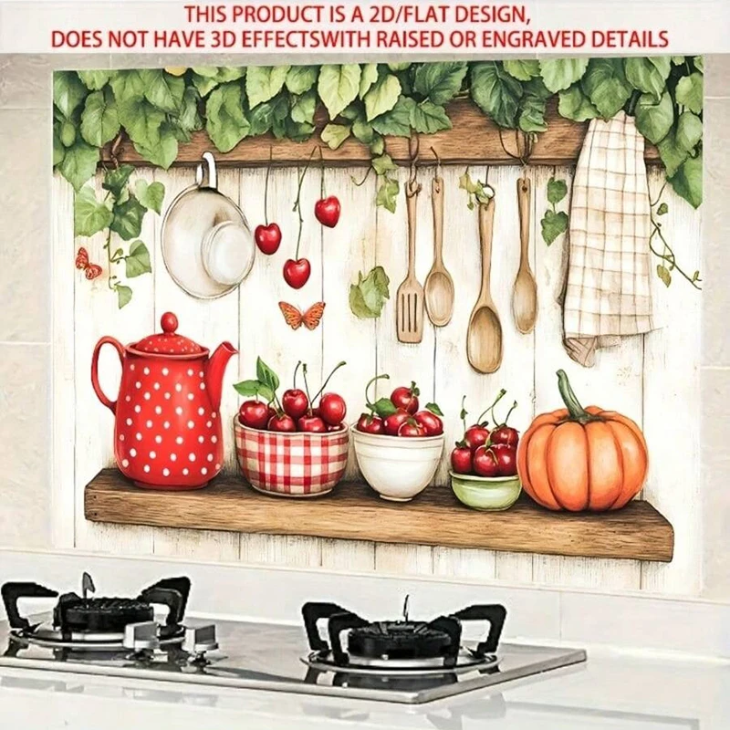 1PC farmhouse kitchen wall decoration-watercolor cherry blossom teapot and wooden tableware for dining room and home decoration