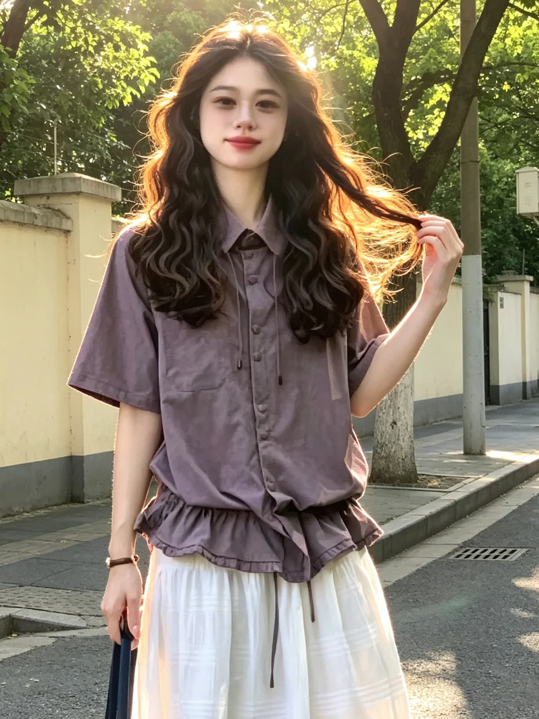 

Summer Collar Short Sleeve Women's Casual Shirt Floral Trim Slimming Top Trendy French Style Loose Fit Polyester Fiber