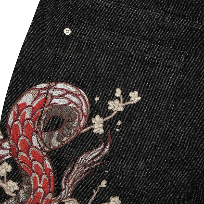 Y2K Washed Distressed Jeans Dragon Plum Blossom Pattern Embroidery Casua Loose Wide Leg Jeans Men Women Fashion Trend Streetwear